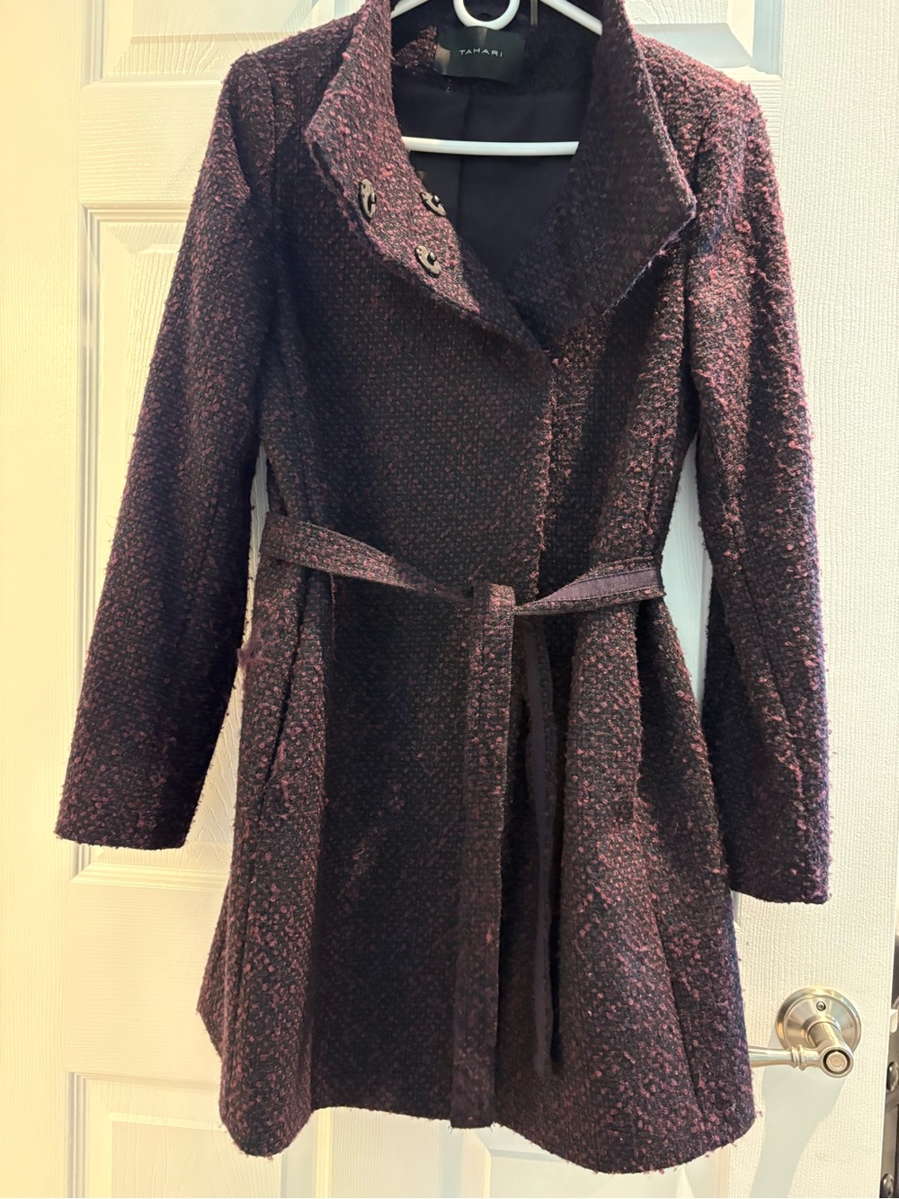 Tahari Bouclรฉ Belted Coat in Burgundy